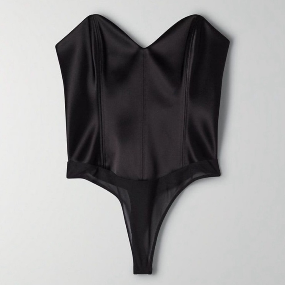 Aritzia Black Strapless Satin Corset-Style Bodysuit